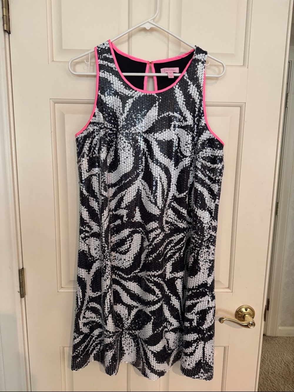 Lily Pulitzer Black & White Sequin Patterned Shift Dress with Pink Trim